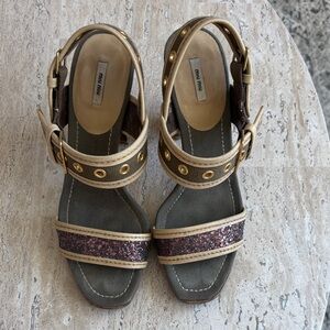 Miu Miu Gold and Brown Sandals with Glitter Strap